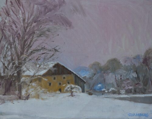 collectable art, cabin artwork, snow landscape painting