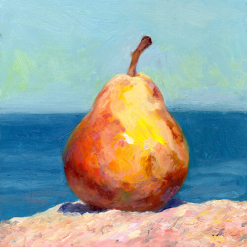 A painting of a pear browning in the sun; the background shows the horizon of a bright blue sea and sky.