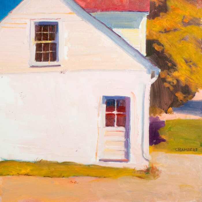 Oil painting of a white Cape Cod style home in full sunlight with a window near its apex and an entry door at ground level, their glass dark in mystery.