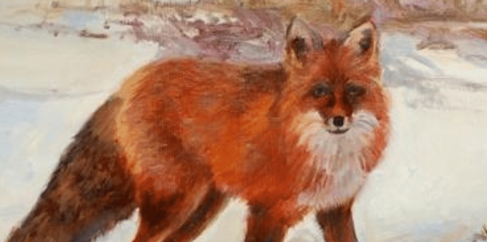 A close-up of a painting by artist Timothy Chambers of a red fox in the snow.