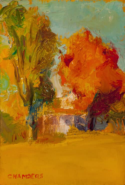 Paintings of trees golden with autumn color with grass in the foreground.
